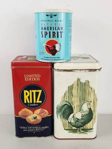 lot 207 image: Lot of 3 Vintage Metal Tins Natural American Spirit Ritz Crackers Rooster