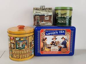 lot 208 image: Vintage Tin Lot Liptons Tea Tin, Whitmans Mints Tin, Maine Maple Syrup Tin, Pancakes & Syrup Tin Lot