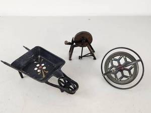 lot 249 image: Lot of 3 Vintage Miniatures Grinding Wheel Wheelbarrow Gyroscope