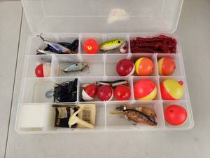lot 302 image: Vintage Fishing Tackle Lot with Lures Floats and Accessories in Plastic Organizer