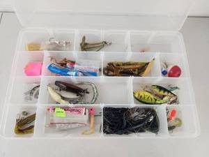 lot 303 image: Vintage Fishing Tackle Assortment with Plastic Organizer Box