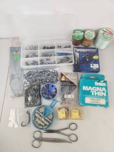 lot 308 image: Fishing Tackle Lot Hooks Line Weights Sinkers Scissors Organizer