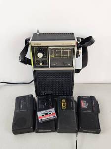 lot 316 image: Vintage Electronics Lot Emerson XR200 ACBattery Portable Radio with Sony Microcassette Recorders and Accessories