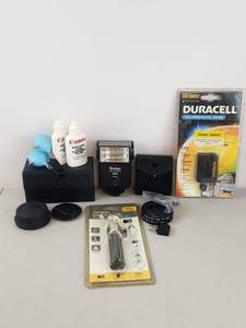 lot 343 image: Camera Accessories Lot Vivitar Flash Duracell Battery Tripod Filters Cleaning