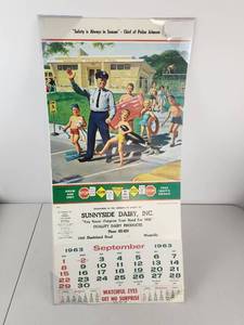 lot 356 image: Vintage Sunnyside Dairy Inc. 1963 September Safety Calendar Police School Pool