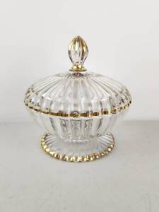 lot 362 image: Vintage Glass Covered Candy Dish Bowl with Gold Trim and Finial