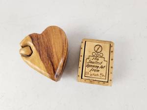 lot 371 image: Heart-Shape Wood Puzzle Box with Small Wood Box Labeled The Smallest Receiving Set from St. Louis Mo.