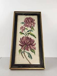 lot 387 image: Vintage Framed Needlepoint Rose Floral Wall Art Two Roses with Stem and Leaves