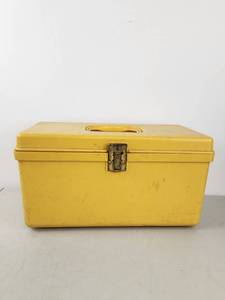 lot 414 image: Yellow Sewing Notions Storage Box with Thread Spools and Embroidery Supplies