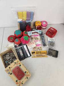 lot 419 image: Sewing Notions Lot - Pins Needles Thread Pincushions Laces Labels