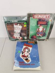 lot 441 image: 3 Vintage Christmas Stocking Kits Bucilla Sunset Titan Needlecraft Felt