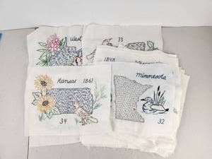 lot 447 image: Vintage Hand-Embroidered State Quilt Blocks Lot Kansas Missouri 35 Pieces