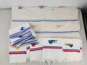 lot 451 image: Lot of Vintage Woven Kitchen Towels with Striped and Animal Motifs