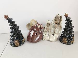 lot 562 image: Christmas Ceramic Tea Light Candle Holder Figurines Lot 4 Pieces Trees Angels Santa