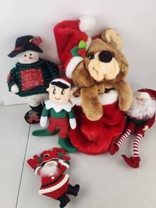 lot 564 image: Christmas Holiday Plush Figures Lot 5 Pieces Vintage to Now Snowman Santa Dog Elf