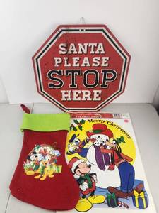 lot 565 image: Christmas Decor Lot Santa Stop Sign Vintage Disney