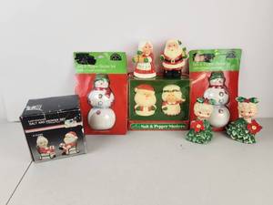lot 624 image: Vintage to Now Christmas Salt Pepper Shaker Set Lot Santa Snowman Tree Figurines