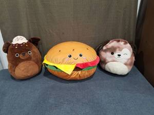 lot 839 image: Squishmallow Plush Figures Lot 3 Brown Bear Hamburger Hedgehog