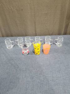 lot 904 image: Glassware Lot 6 Clear Beer Mugs Shots  and 3 Colored Shot  Glasses