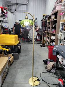 lot 940 image: Floor Lamp Green Glass Shade Brass Arc Arm