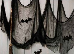 lot 11222 image: Black Gauze Halloween Fabric Draping 197 x 84.5 with 3D Bat Decoration