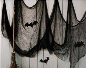 lot 11241 image: Black Gauze Halloween Fabric Draping 197 x 84.5 with 3D Bat Decoration