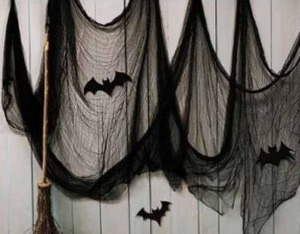 lot 11260 image: Black Gauze Halloween Fabric Draping 197 x 84.5 with 3D Bat Decoration