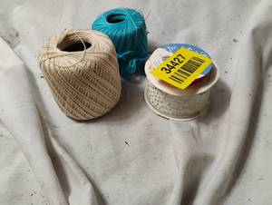 lot 34347 image: Sowing string, red ribbon and white and sparkle ribbon