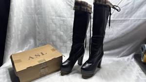 lot 721 image: ASL Black Platform Over-Knee Boots with Plaid Trim size 9 US  40EU
