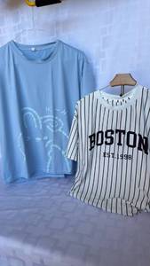 lot 771 image: Lot of 2 Graphic T-Shirts Blue Cartoon Print and White Striped BOSTON EST.1998