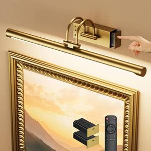 lot 101759 image: 23.6 Wireless Rechargeable Picture Light with Remote, Large Battery Operated Wall Light for Paintings & Art, Dimmable LED Gallery Lamp with Timer, Adjustable Metal Design, Electroplated Gold Finish