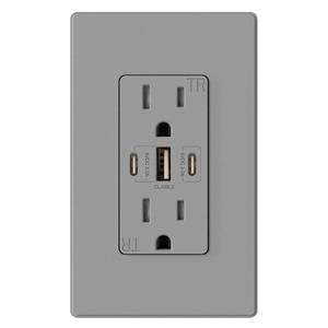 lot 201636 image: ELEGRP USB Outlets, 30W 6.0 Amp USB C Outlets Receptacles, 3-Port USB Wall Outlet, 15 Amp Tamper-Resistant Outlet with 2 USB C Ports, UL Listed, Screwless Wall Plate Included, 1 Pack, Matte Grey