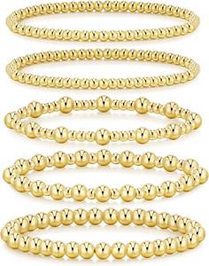 lot 201641 image: Gold Bracelets for Women Waterproof, 14K Gold Plated Beaded Strand Bead Ball Bracelets stack Adjustable Jewelry Set for Gifts