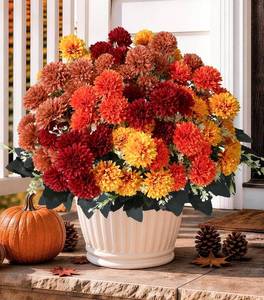 lot 201651 image: Fake Mums Artificial Fall Flowers for Outdoors Outside Decorations, 12 Bundles Silk Chrysanthemums Fall Flowers Faux Mums for Outdoor Planters Realistic UV Resistant Marigold for Porch Patio Home