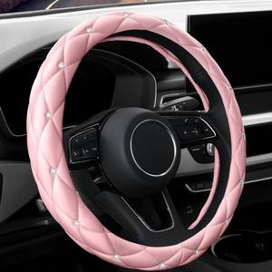 lot 201671 image: YOGURTCK Cute Diamond Soft Light Pink Leather Anti-Slip Steering Wheel Cover with Bling Bling Crystal Rhinestones, Universal 15 Inch for Women Girls, Fit Vehicles, Sedans, SUVs, Vans, Trucks