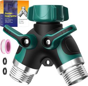 lot 201680 image: 2 Way Garden Hose Splitter with Shut Off Valve,Water Spigot Splitter for 34 Hose Connector,Heavy Duty Metal Outdoor Faucet Splitter Y Connector for Garden Hose,with 3 Leakproof Washers & 1 tape