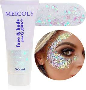 lot 301715 image: MEICOLY Clear White Face Body Glitter Gel, Halloween Mermaid Fairy Hair Glitter Makeup for Kids Women,Sparkly Party Singer Concerts Glitter Gel,Mardi Gras Rave Running Half Marathon Accessories,50ml