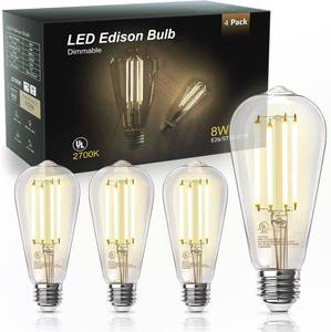 lot 301732 image: TJOY 4 Pack Edison LED Light Bulbs, E26 Base, 8W 2700K, Dimmable