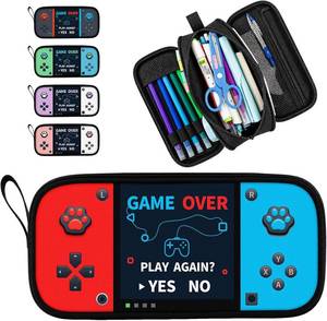 lot 301744 image: Game Controller Pencil Case for Boys Kids Teens, Large Capacity Pencil Pouch with 3 Compartments, 7 Pockets and Label Pocket for School College Office Travel (Red & Blue)