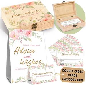 lot 401624 image: 52 Pcs Pink Rose Wedding and Advice Cards Box Set, Pink Rose Advice and Wishes for The Mr and Mrs, Wedding Advice Cards and Box, 50 Wedding Advice Card with Wooden Boxes & Sign For Bridal Shower Decor