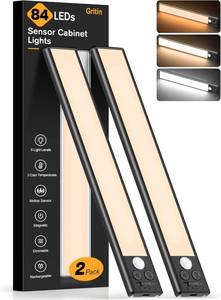 lot 401644 image: Gritin Under Cabinet Lighting 10.2inch,2 Pack Eye Caring 3-Color 4 Working Modes Dimmable Motion Sensor Light Indoor,Rechargeable Wireless Magnetic Closet Lights Under Counter Light for Kitchen-Black