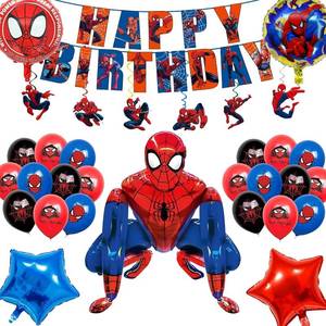 lot 401695 image: Cartoon spidey - themed birthday party supplies Happy Birthday banner, 12inch latex balloons , 2 types of aluminium balloons hanging swirls,assemble the aluminum balloon