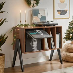 lot 111818 image: Record Player Stand with Vinyl Storage Cabinet, 32 Mid Century Modern Turntable Console Table for Albums Display, Heavy-Duty Media Audio Bookshelf for Speakers & Stereo, Black Walnut Wood