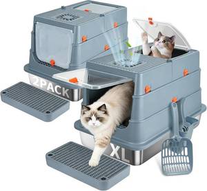lot 211724 image: Stainless Steel Cat Litter Box, 2-Piece XL Enclosed Litter Box, Anti-Splash & Leak-Proof Metal Litter Box, Safe Arc Edge Odor Control Design with Scoop for Indoor Multi-Cat Use