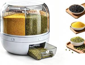 lot 211734 image: Rotating Grain Storage Bin 6 Grids Rice Container One-Click Output Large Capacity Food Dispenser For Rice Grains Sealed Moisture Proof Organizer (Grey) (Large)