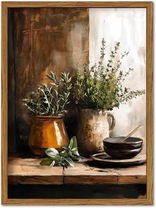 lot 211742 image: Framed Vintage Kitchen Wall Art, Rustic Herbs Pictures Wall Decor Paintings, Farmhouse Cottagecore Botanical Canvas Prints Moody Home Decor Aesthetic for Dining Room Living Room 16x24 inch