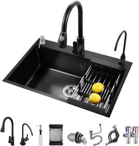lot 311621 image: Retails for $116 ARTLINE Black Kitchen Sink, Stainless Steel Single Bowl Sink, Drop InTopmount Workstation Sink with Sliding Accessories, Farmhouse Workstation sink with Multiple Accessories (19.7 x 17.7in), RXZE031