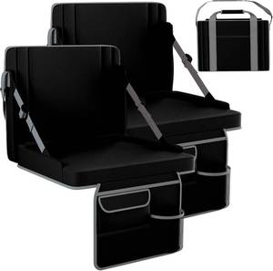 lot 311642 image: 2 Pack Stadium Bleacher Seat with Back Support, Cup Holder, Carry Handle & Shoulder Strap, Large, Black & Grey