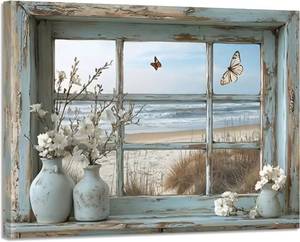 lot 411597 image: Moarmxiy Beach Light Blue Window Canvas Wall Art, 24x16inch Wrapped Canvas
