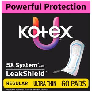 lot 59562 image: Kotex Ultra Thin Pads, Regular, 60 Count - Retail $9